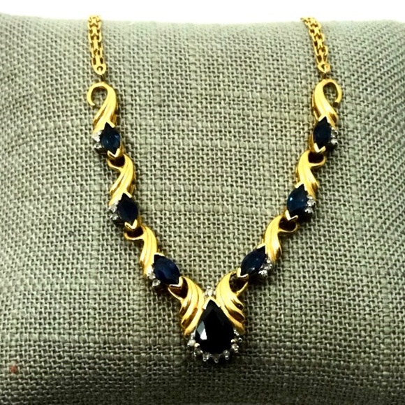 Vintage Jewelry - VINTAGE~BLUE SAPPHIRE & DIAMOND SOLID 14K YELLOW GOLD Ladies' Princess Necklace
